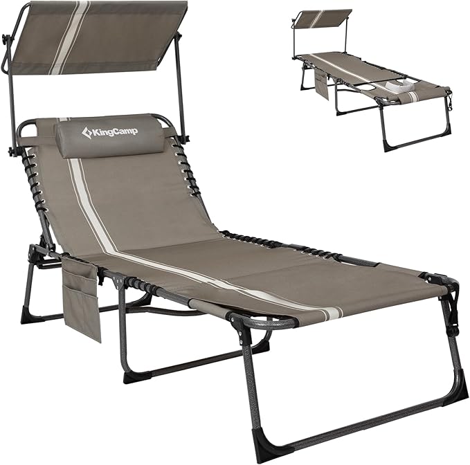 KingCamp Tanning Chair with Face Hole, Lounge Chairs Outdoor Folding Comfy Adjustable 5-Position Foldable Chaise Chaser with Canopy Shade for Outside Beach Patio Sun Bathing Pool, Beige/White