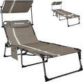 KingCamp Tanning Chair with Face Hole, Lounge Chairs Outdoor Folding Comfy Adjustable 5-Position Foldable Chaise Chaser with Canopy Shade for Outside Beach Patio Sun Bathing Pool, Beige/White