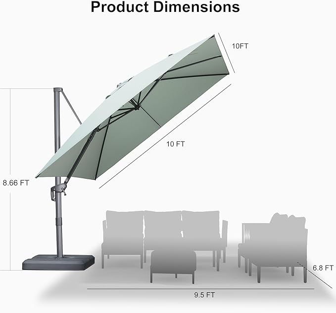 PURPLE LEAF Patio Umbrella 10' X 10' Rectangle Cantilever Umbrella Large Aluminum Outdoor Umbrellas with 360-degree Rotation & UPF40+ Premium Fabric for Deck Pool Garden Yard, Mint Green