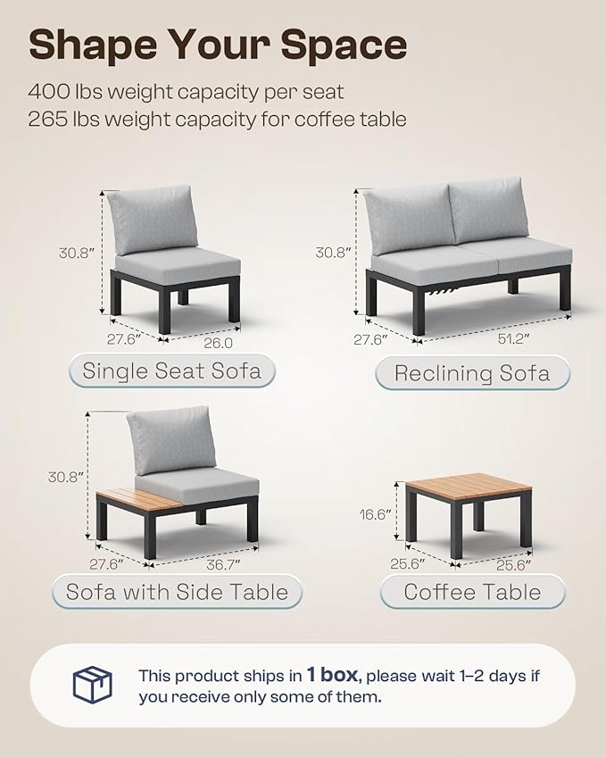 Aluminum Outdoor Patio Sofa Set, 2 Seats Modular Sectional Reclining Loveseat Sofa with Adjustable Backrest & Removable Cushions, All-Weather Conversation Sets for Garden & Yard, Gray