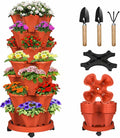 Vertical Strawberry Planter 7 Tier Stackable Tower Herb Planters Stacking Outdoor Garden Red Planters Pot with Tools Mover for Growing Flowers, Vegetables and Succulents