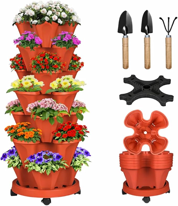 Vertical Strawberry Planter 7 Tier Stackable Tower Herb Planters Stacking Outdoor Garden Red Planters Pot with Tools Mover for Growing Flowers, Vegetables and Succulents