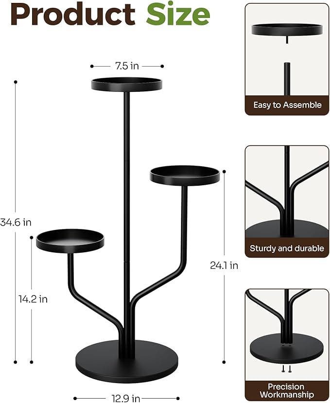 Bamworld 3 Tier Plant Stand Indoor Outdoor Metal Plant Shelf for Multiple Plants Pots Tier Tall Flower Holder for Living Room,Bedroom Decor,Balcony,Black