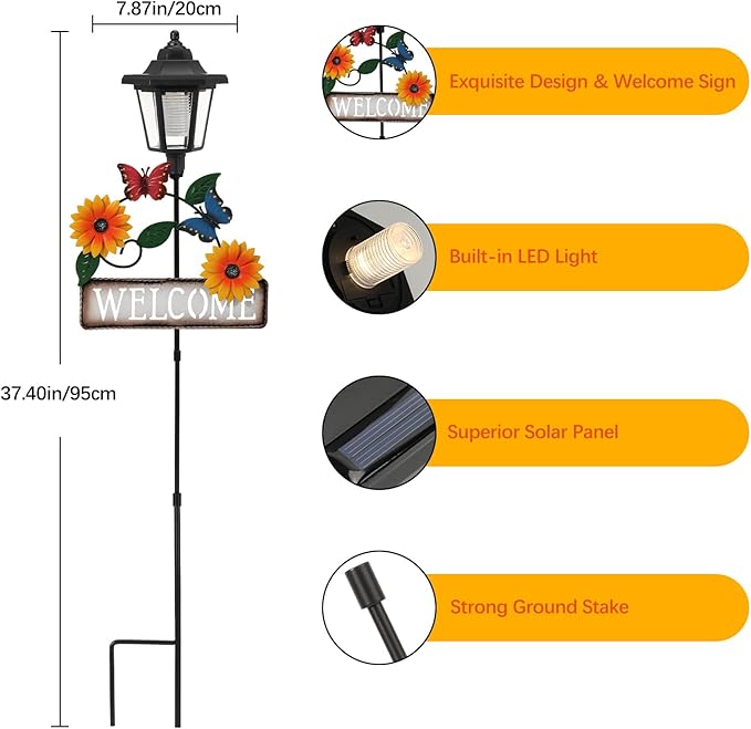 Lewondr Solar Garden Lights Butterfly, 37.4 Inch Solar Lamp Post Light with Welcome Sign & Butterflies, Outdoor Waterproof Solar Stake Lights for Yard Porch Patio Pathway Gardening Gifts, 2 Pack