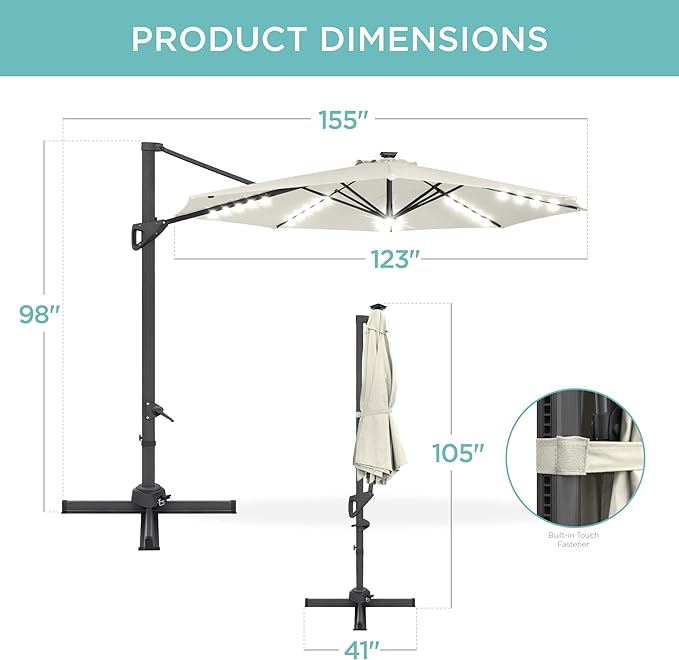 Best Choice Products 10ft Solar LED Cantilever Patio Umbrella, 360-Degree Rotation Hanging Offset Market Outdoor Sun Shade for Backyard, Deck, Poolside w/Lights, Easy Tilt, Cross Base