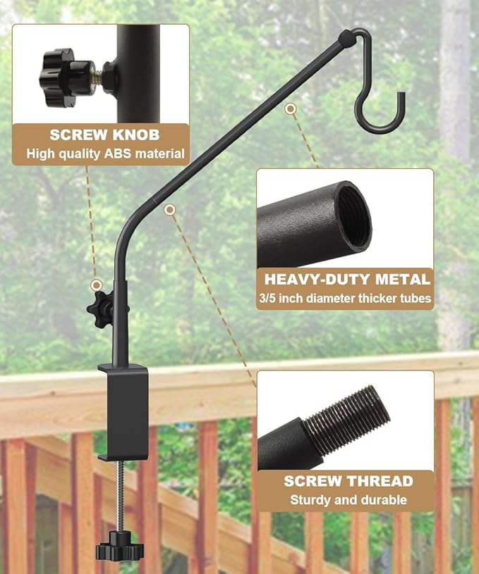 20 Inch Extended Reach Deck Hook Hanger for Railing, Heavy Duty Outdoor Plant Hook Holder for Hanging Bird Feeder Pole Deck Hanger Flower Basket Planter or Lanterns, Wind Chimes, 2 Pack