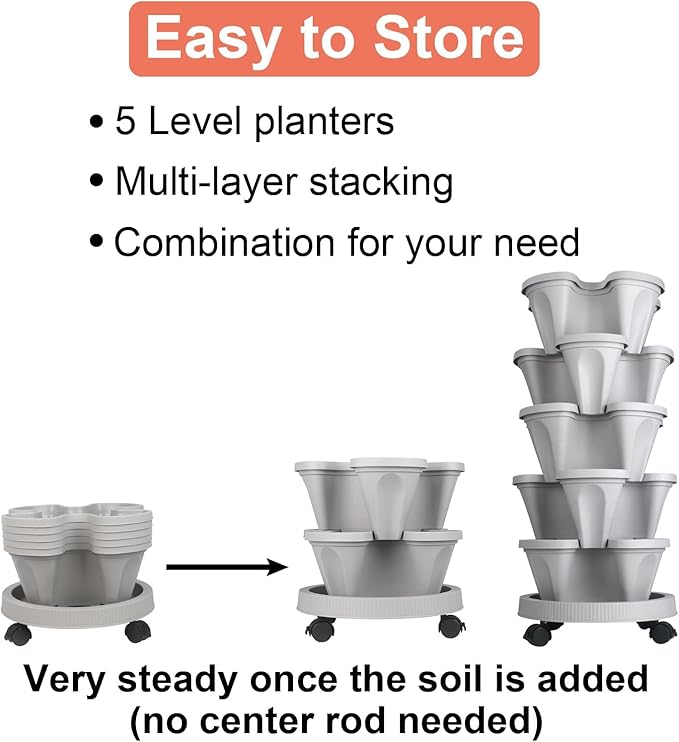 GameXcel Vertical Planter 5 Tier Stackable Planters Garden Planters Strawberry Herb Flower and Vegetable Planter Indoor Outdoor Gardening Pots with Removable Wheels and Tools - Gray