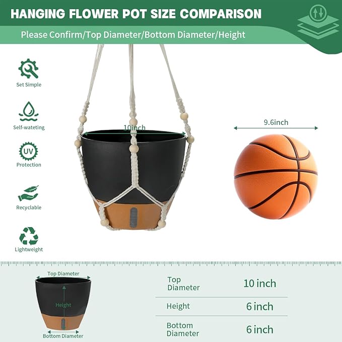 Self-Watering Hanging Planters for Indoor Plants Set 2-Piece Includes Plant Hanging Pot, Drainage-Hole Hanging Pot, and Hanging Basket Rack (10 Inches, Black)