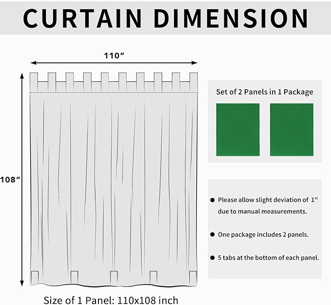 Easy-Going Outdoor Patio Curtains Detachable Tab Top Windproof Weatherproof Curtain for Cabana, Porch, Pergola and Gazebo, Tab Bottom Drape, 2 Panels, 110W x 108L inch, Green