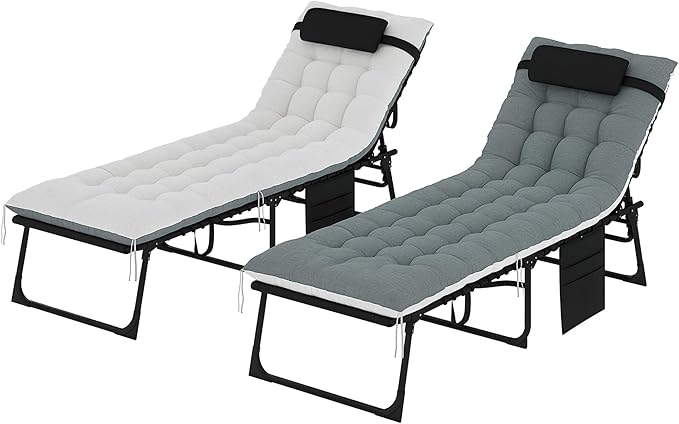 Outsunny Chaise Lounge Chair Outdoor Set of 2, 5-Position Adjustable Outdoor Pool Lounge Chairs, Folding Tanning Chair Beach Lounger with Cushion, Headrest, Side Pocket for Patio, Yard, Black/Gray