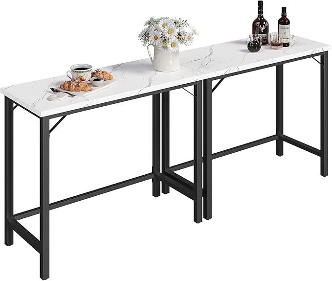 Narrow Bar Table, 63-Inch Pub Table for Dining Room, Counter Bar Tables with Sturdy Metal Frame, Connectable Bar Table, Multifunctional Console Table, Marble and Black BTHM1601