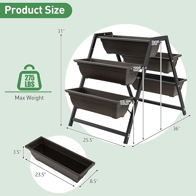 Giantex Set of 2 Vertical Raised Garden Bed, 5 Planter Boxes Container w/Drainage Holes, 31" H Freestanding Heavy-Duty Metal Frame, Indoor Outdoor Raised Bed for Vegetables Herbs Flowers to Grow