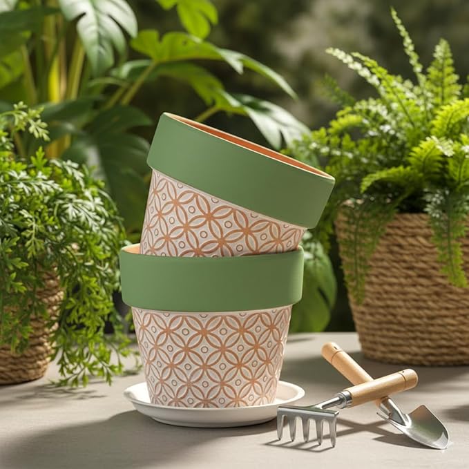 Terracotta Plant Pots Set of 2-4.7 Inch Vintage Pattern Clay Flowerpots with Green Rim & Drainage Holes, Decorative Terra Cotta Pots for Indoor Outdoor Garden Home Decor