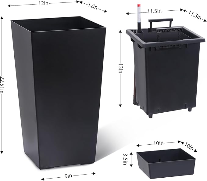 Garvee 22.5" Tall Planters Set of 2, Outdoor＆Indoor Black Planter Pots, High Front Porch Planter Pots with Drainage Holes＆Water Level Monitor＆Inner Bucket,Black