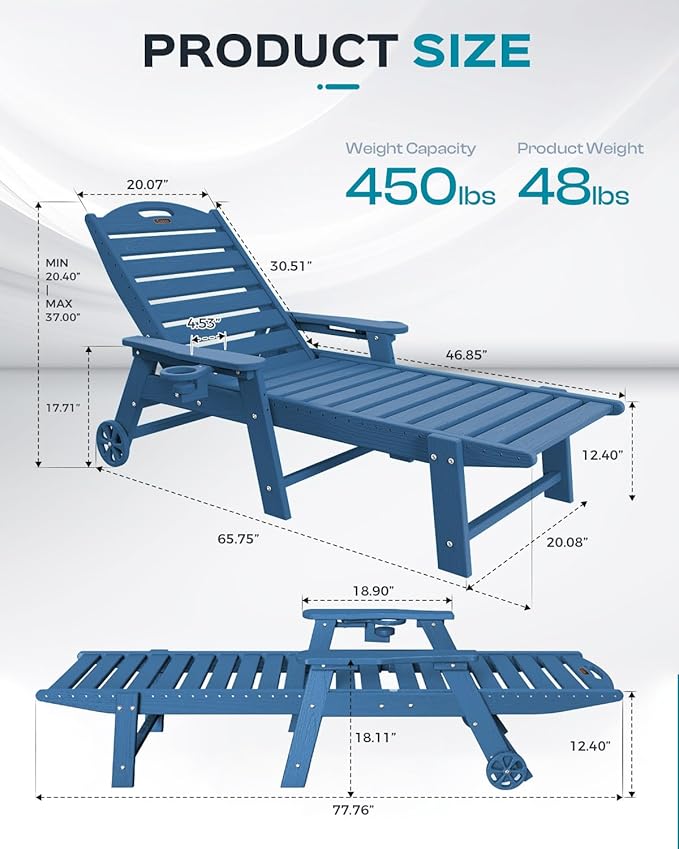 Outdoor Chaise Lounge Chair Set of 2, Patio Lounge Chairs for Outside, HDPE Lounge Chair with Wheels & Cup Holder, Poly Chair with 5 Position for Poolside, Deck, Navy Blue