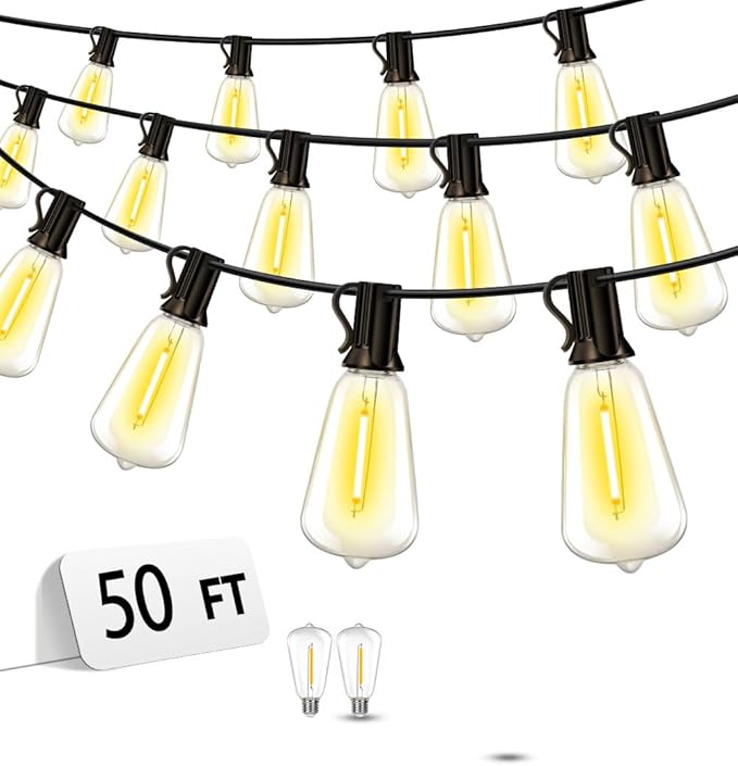 Outdoor Patio String Lights 50ft: ST38 LED Shatterproof Bulbs 3 Modes Button Control - Waterproof Connectable Lights - Wedding Bistro Party Backyard Gazebo Decorative
