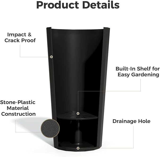 23.6" H Tall Planters for Outdoor Plants, 2 Pack Large Outdoor Planters for Porch Decor with Automatic Drainage Hole, Plastic Stripe Design Flower Pots Fits Indoor Plants Patio Garden, Black