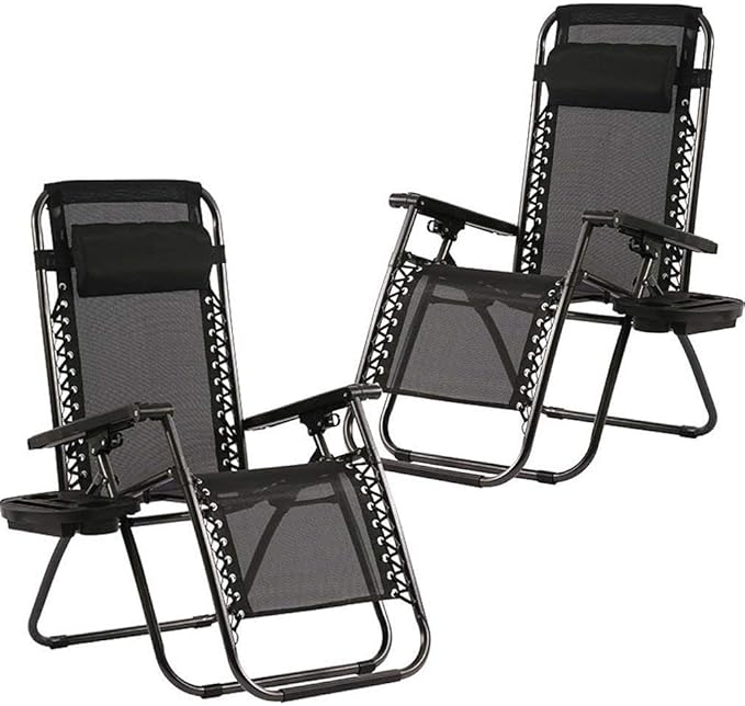 FDW Zero Gravity Chairs Set of 2 Black Lounge Patio Chairs Outdoor Yard Beach with Cup Holders, Black