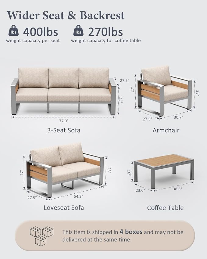 ZANDOR Aluminum Outdoor Patio Conversation Furniture Set, 5 PCS Metal Modern Outside Sectional Lawn Furniture with Coffee Table & Washable Thick Cushions,Seating Sofa for Garden/Backyard/Porch Silver