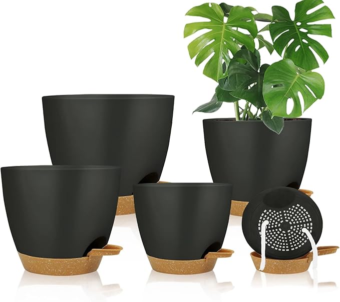 Self Watering Planters with Drainage Holes Reservoir,Nursery Planting Pot for Indoor Decor Garden Plants Succulents,Snake Plant, African Violet,Plastic Flower Pots Set 7+6.5+6+5.5+5 Inch (Black)