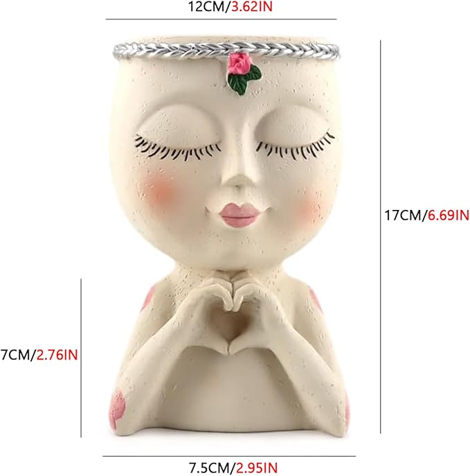 Face Planter Pot with Heart Hands, Resin Head Planter for Indoor Plants, Cute Succulent Pots with Drainage Hole, Gardening Gifts for Women Mom Teacher, 7.3" Home Decor (White)