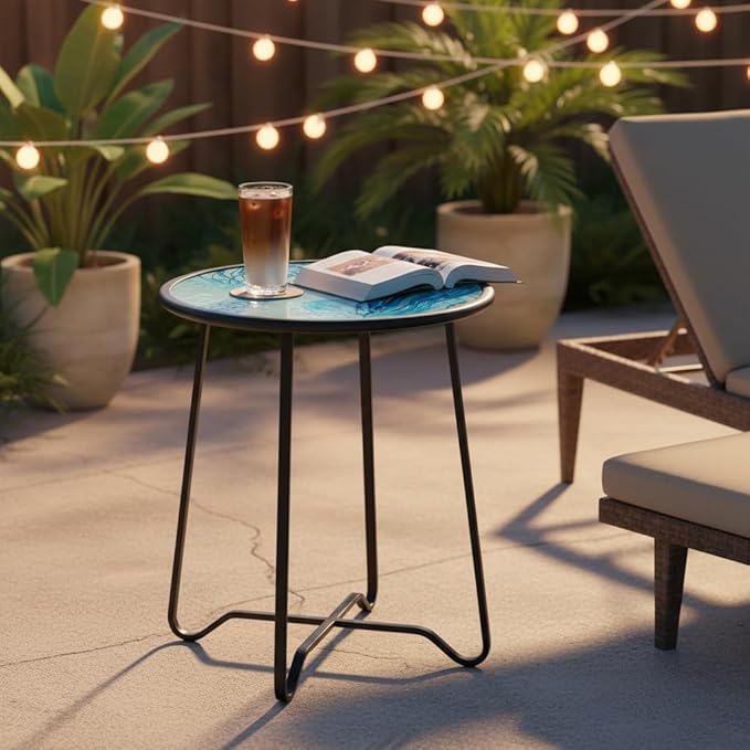 LIFFY Outdoor Side Table,14" Indoor Outdoor Round Glass Tabletop Accent Table with Metal Frame, Decorative Plant Stand & End Table for Home, Patio, Garden