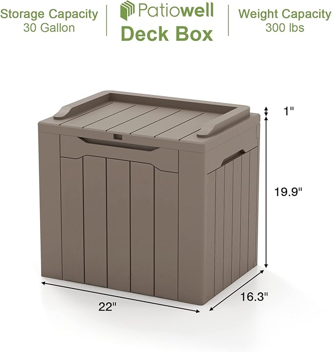 Patiowell 30 Gallon Resin Deck Box, Outdoor Storage Box for Patio Furniture, Deliveries, Pool Supplies,Waterproof and Lockable, Brown