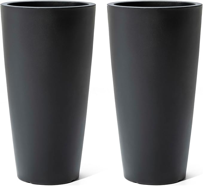 Step2 Tremont Tall Round Tapered Planter, 28" Tall 2-Pack, Indoor/Outdoor Plants, Efficient Drainage, Durable Resin, Onyx Black