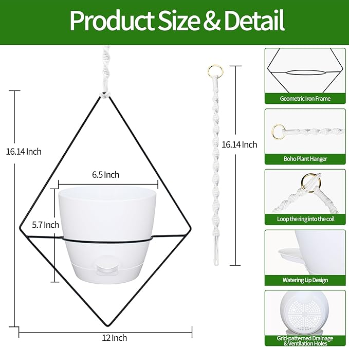 Hanging Planters for Indoor Plants, 2 Set Self Watering Hanging Flower Pots, Modern Hanging Plant Baskets with Metal Plant Holder & 6.5 Inch Plastic Pots for Garden Home Decor (White)