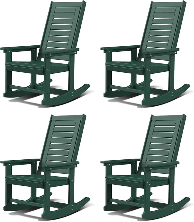 GREENVINES Outdoor Rocking Chairs | Set of 4 | Porch Rocker | HDPE Plastic | Forest | Oversized Rockers | High Back | Big & Tall | Ladder Back | for Patio Outside Backyard Balcony Garden