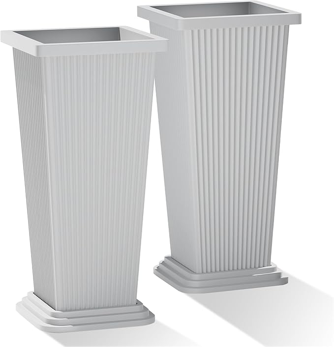 Tall Outdoor Planters Set of 2, 24" Tapered Outdoor Tall White Planter for Front Porch, Large Indoor Modern Planter Flower Pots with Tray, Drainage Holes (Ribbed)