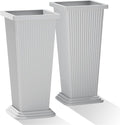 Tall Outdoor Planters Set of 2, 24" Tapered Outdoor Tall White Planter for Front Porch, Large Indoor Modern Planter Flower Pots with Tray, Drainage Holes (Ribbed)