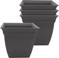 The HC Companies 8 Inch Eclipse Square Planter Pots with Drainage Holes & Attached Saucer, Lightweight UV-Resistant Plastic Indoor Outdoor Planters, 4-Pack Flower Pots for Garden Home Decor, Warm Gray