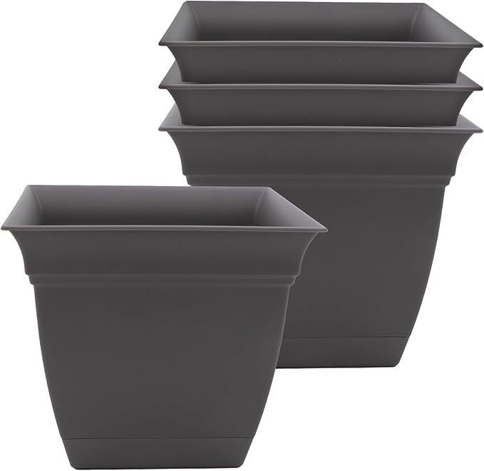 The HC Companies 8 Inch Eclipse Square Planter Pots with Drainage Holes & Attached Saucer, Lightweight UV-Resistant Plastic Indoor Outdoor Planters, 4-Pack Flower Pots for Garden Home Decor, Warm Gray