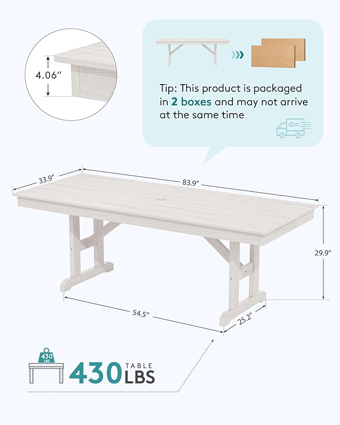 SERWALL Outdoor Dining Table, 84" Rectangular Dining Table for 6-10 Person, All Weather HDPE Outdoor Furniture for Backyard, Garden, White