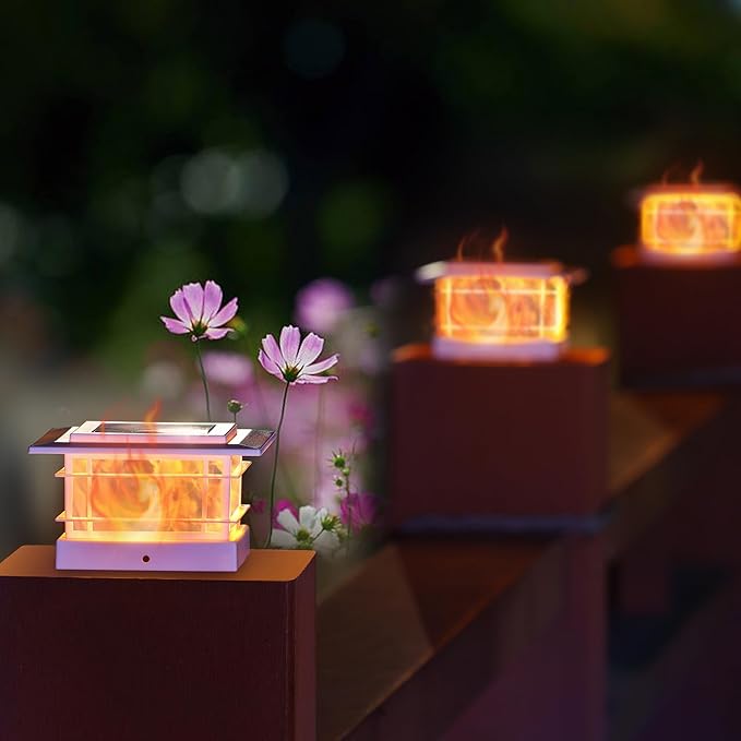 Dynaming 2 Pack Solar Post Cap Lights Outdoor with Flickering Flame Light, White Shell Fence Post Solar Lights Fit 4x4 5x5 Vinyl/Wooden Posts, Brightness LED Lighting Decor for Garden Deck Patio