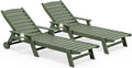 SERWALL Patio Chaise Lounge Chair Set of 2, 78'' Long 5-Positions Adjustable HDPE Outdoor Lounger for Pool, Poly Lounge Chair with Rolling Wheels & Cup Holder for Poolside, Deck, Avocado Green