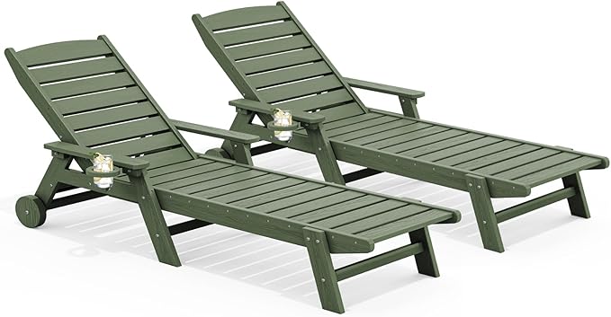 SERWALL Patio Chaise Lounge Chair Set of 2, 78'' Long 5-Positions Adjustable HDPE Outdoor Lounger for Pool, Poly Lounge Chair with Rolling Wheels & Cup Holder for Poolside, Deck, Avocado Green
