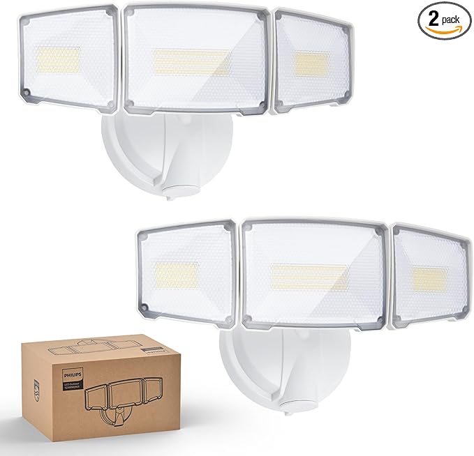 Philips 72W 7400LM LED Flood Lights Outdoor, Switch Controlled Aluminum Security Lights, 3 Adjustable Heads, Wall Mount, 5000K Daylight, Waterproof for Yard, Garage (2 Packs)