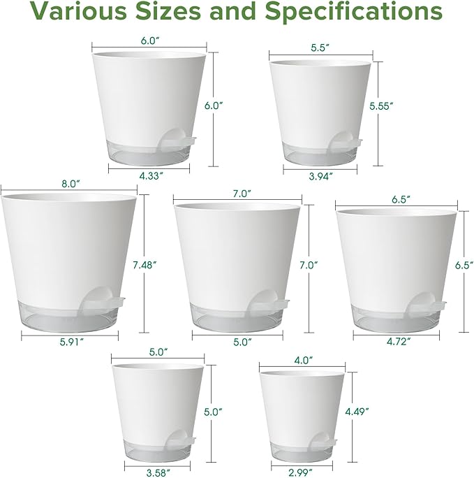 GARDIFE 2026 Upgraded Self Watering Plant Pots with Drainage Hole, 8/7/6.5/6/5.5/5/4 Inch Flower Planting Containers for House Plants, African Violet, Flowers, Cactus (White, 8+7+6.5+6+5.5+5+4 inch)