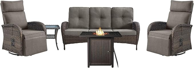 Belord 5 Piece Wicker Patio Furniture Set with 30" Propane Fire Pit Table, Outdoor Swivel Recliner Chairs with Adjustable Backrest & Footrest for Patio Conversation and Backyard Gathering