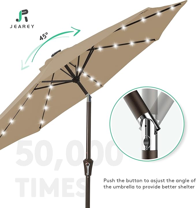 JEAREY 9FT Outdoor Patio Umbrella with Solar Lights, LED Lighted Pool Umbrella with Tilt and Crank, Outdoor Table Umbrellas for Deck, Yard & Market (Beige)