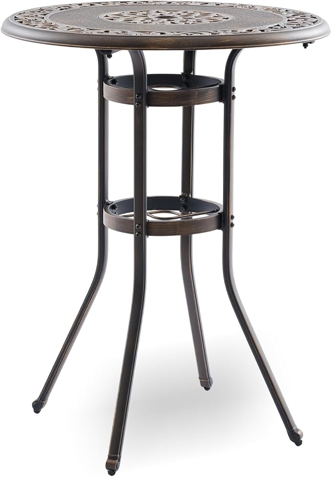Outdoor Bar Height Table, 31.5" Round Cast Aluminum Patio Pub Table with Umbrella Hole, All-Weather Design for Deck/Garden/Poolside (Bronze)