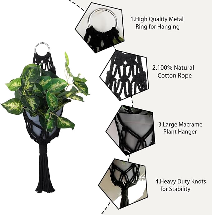 Artilady 2 Pack Black Macrame Plant Hanger Indoor - Large Hanging Planters for Wall Plants Holder Short Hademade Boho Farmhouse Rustic Home Decor (Black Plant Hanger-2pcs)