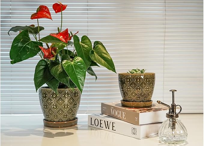 Docrin Dark Green Ceramic Planter Set - 6.6"+5.5" Indoor Outdoor Pots with Drainage Holes & Saucers for Home Office Decor