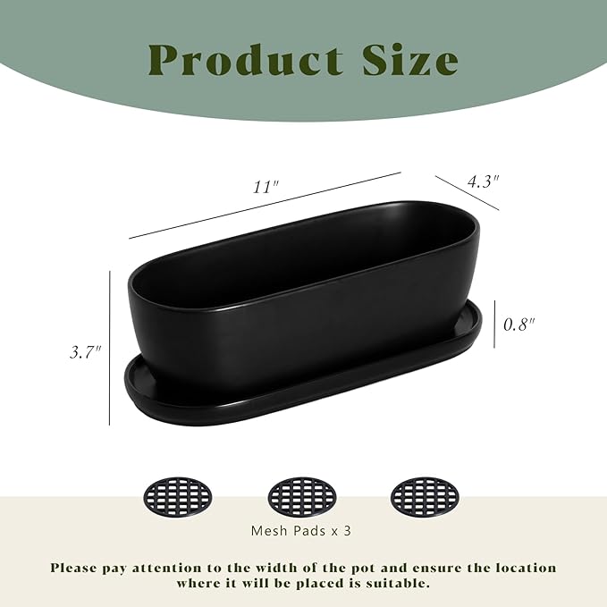 E-liu Oval Ceramic Planter Pot with Drainage Hole Saucers 11 Inch Succulents Planter Home Decor for Indoor Outdoor Plants Herb Cactus with 3 Mesh Pads, Plants Not Included, Black