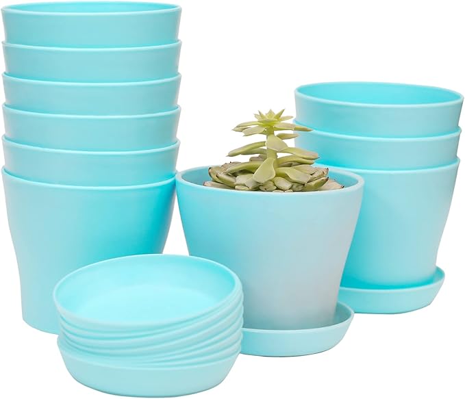 TDHDIKE 10 Pcs Plastic Planters Indoor Flower Plant Pots, Mini Flower Seedlings Nursery Pot/Planter/Flower Pot with Pallet, Modern Decorative Gardening Containers (Blue)
