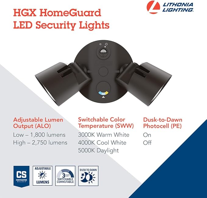 Lithonia Lighting HomeGuard 2-Light LED Outdoor Flood Lights, Outdoor LED Lights, Dusk to Dawn Sensor, Adjustable Lumens, Selectable Color, Round Heads, Dark Bronze (HGX LED 2RH ALO SWW2 120 PE DDB)