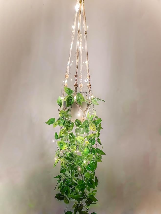 2 Packs Fake Hanging Plant with lights Artificial Plants with Pots for Home Decor Macrame Plant Hanger with Faux Vines Greenery for Bedroom Bathroom Room Ceiling Wall Boho Decor Indoor Outdoor