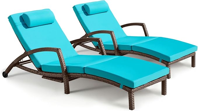 Chaise Lounge Chairs Outdoor Set of 2, Comfy Outside Wicker Patio Pool Lounge Chair w/ 5 Adjustable Back Angle, Cup Holder, Thicken Cushion